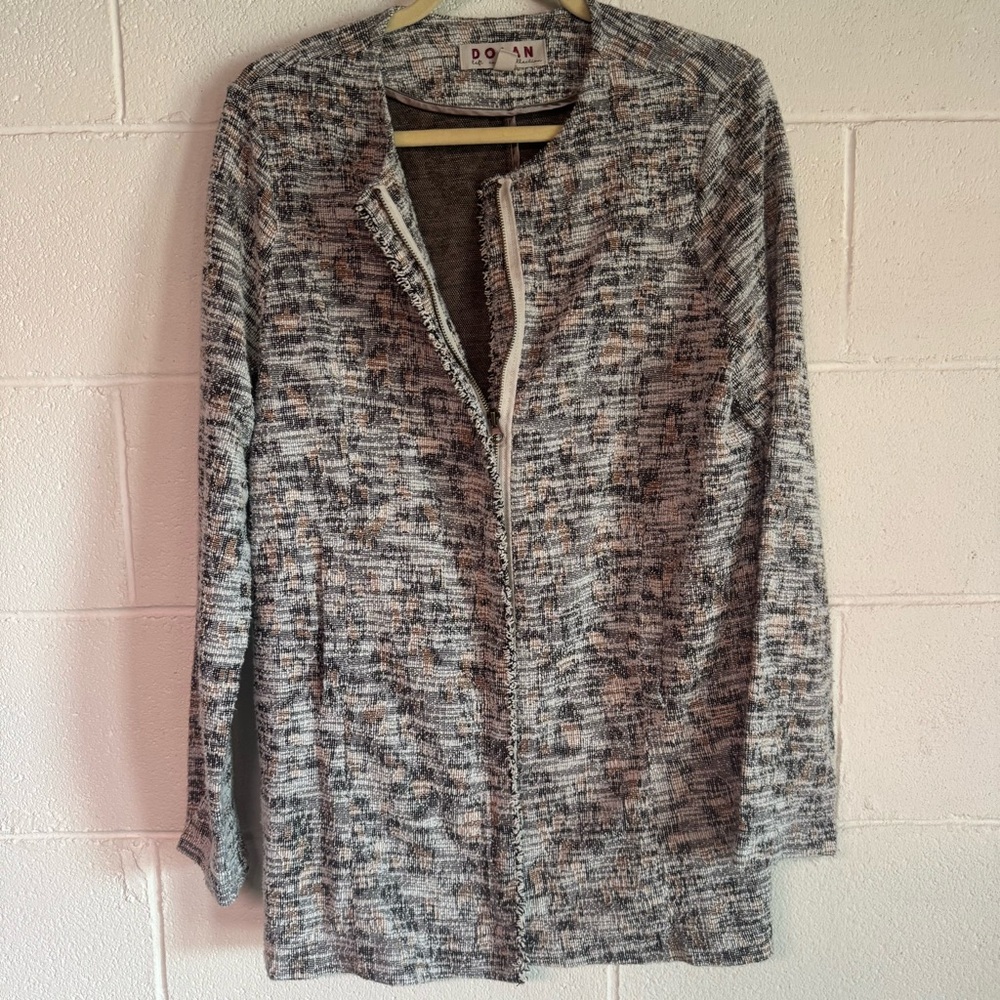 Anthropologie Dolan Leopard Longline Tweed Zip up Jacket Fringe Whimsical Size L - Picture 10 of 11